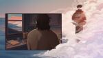  2boys arms_behind_back bomber_jacket brown_hair cloud cloudy_sky commentary disco_elysium english_commentary facing_away fog from_behind harry_du_bois highres indoors jacket kim_kitsuragi kitchen male_focus multiple_boys orange_jacket showerwhoops sky sunrise topless_male 