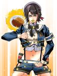  1girl absurdres araki_hirohiko_(style) beret black_hair black_panties blue_eyes blue_jacket blue_shorts clothing_cutout commentary_request cropped_jacket curry curry_rice food giorno_giovanna's_pose green_lips grey_shirt hat highres hip_vent holding holding_spoon hololive jacket jojo_pose katsu_(food) katsu_curry lace-trimmed_panties lace_trim navel oozora_subaru oozora_subaru_(suspenders) panties rice shirt shorts solo spoon striped_clothes striped_shirt suspender_shorts suspenders underwear usukimibilly88 vertical-striped_clothes vertical-striped_shirt 