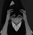  1boy antenna_hair clenched_teeth closed_eyes collared_shirt commentary crying double-parted_bangs english_commentary greyscale hair_between_eyes hands_on_own_head highres krerue male_focus monochrome omori open_mouth shirt short_hair short_sleeves solo something_(omori) spoilers sunny_(omori) sweater_vest teeth 