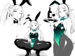  1girl =_= alternate_costume animal_ear_hairband animal_ears bow bowtie breasts commentary detached_collar earrings fake_animal_ears frieren frieren_blowing_a_kiss green_bow green_bowtie green_eyes green_leotard greyscale hairband high_heels highleg highleg_leotard highres jewelry leotard looking_at_viewer lughost monochrome multiple_views pantyhose playboy_bunny pointy_ears rabbit_ear_hairband rabbit_ears small_breasts sousou_no_frieren spot_color spread_legs squatting strapless strapless_leotard teardrop_earrings white_background wide_spread_legs wrist_cuffs 