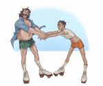  2boys blue_shirt chest_hair collared_shirt crop_top disco_elysium green_shorts harry_du_bois highres holding_hands kim_kitsuragi leg_hair male_focus multiple_boys navel open_clothes open_shirt roller_skates shirt shorts showerwhoops skates stomach white_shirt 