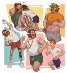  3boys alternate_costume bandaged_hand bandages belly commentary cuno disco_elysium english_commentary exercising facial_hair frog_hat full_body hair_slicked_back hand_up harry_du_bois highres kim_kitsuragi male_focus mullet multiple_boys multiple_views mutton_chops round_eyewear running shirt shorts showerwhoops sit-up stretching t-shirt toned toned_male whistle whistle_around_neck white_shirt 