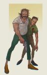  2boys bleeding blood blood_on_clothes brown_hair collared_shirt disco_elysium facial_hair full_body grey_shirt gun gunshot_wound hair_slicked_back handgun harry_du_bois highres holding holding_gun holding_weapon injury kim_kitsuragi male_focus mullet multiple_boys mutton_chops no_eyewear shirt short_hair showerwhoops spread_legs standing t-shirt toned toned_male weapon white_shirt 