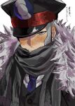 1boy a00_0527 black_hat black_scarf black_vest blue_necktie closed_mouth covered_mouth grey_eyes grey_hair hat highres ingo_(pokemon) male_focus necktie peaked_cap pokemon pokemon_black_and_white scarf shirt short_hair sideburns solo translation_request upper_body vest white_background white_shirt 