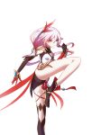  1girl absurdres ass black_boots boots breasts chinese_clothes chinese_commentary commentary_request dress feng_yi_xiao fu_hua fu_hua_(phoenix) gauntlets highres honkai_(series) honkai_impact_3rd long_hair multicolored_hair red_eyes red_hair simple_background small_breasts solo standing standing_on_one_leg thighs two-tone_hair very_long_hair white_background white_dress white_hair 