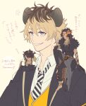  3boys blonde_hair blue_eyes commentary_request con_potata dual_persona hyena_boy hyena_ears leona_kingscholar male_focus mini_person miniboy multiple_boys night_raven_college_school_uniform overblot ruggie_bucchi school_uniform short_hair shoulder_angel shoulder_devil simple_background sitting_on_shoulder translation_request twisted_wonderland upper_body yellow_background 