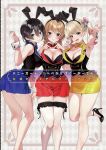  3girls animal_ears black_hair blonde_hair blue_eyes bow bowtie braid breasts brown_hair bunny_garden commentary_request earrings green_eyes gyaru gyaru_v hair_between_eyes hair_ornament heart heart_hands high_heels highres jewelry kana_(bunny_garden) looking_at_viewer matching_outfits miuka_(bunny_garden) multiple_girls official_art open_mouth pink_eyes rabbit_ears rabbit_tail rin_(bunny_garden) short_hair side_ponytail smile tail thighhighs twin_braids v wrist_cuffs 