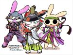  1girl 2boys animal_crossing arrow_(projectile) black_scarf coco_(animal_crossing) commentary_request egasumi floating_clothes furry furry_female furry_male genji_(animal_crossing) green_hakama green_headband hakama hakama_pants hat headband highres holding holding_ofuda hollow_eyes hood hood_up interlocked_fingers japanese_clothes jewelry kimono magatama magatama_necklace multiple_boys necklace ofuda one_eye_closed outstretched_arms pants purple_pants purple_sash quiver rabbit_boy rabbit_girl sandals sash scabbard scarf sheath sheathed short_kimono smile snake_(animal_crossing) spread_arms tate_eboshi translation_request white_background wide_sleeves x_pape zouri 
