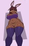  2026 absurd_res anthro bedroom_eyes big_breasts bra breasts brown_body brown_fur brown_hair cleavage clothed clothing curvy_figure dvdshka eyeshadow female fur genitals glistening glistening_breasts glistening_clothing glistening_hair glistening_thighs grey_eyeshadow grin hair hair_horn hand_behind_back hand_on_hip hi_res huge_breasts lagomorph legwear leporid lips looking_at_viewer looking_down makeup mammal narrowed_eyes navel pseudo_horn rabbit red_eyes seductive simple_background small_waist smile smirk smug solo standing teeth thick_bottom_lip thick_thighs thigh_highs underwear voluptuous vulva wide_hips 