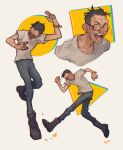  1boy boots bracelet closed_eyes disco_elysium full_body hand_up highres jewelry kim_kitsuragi male_focus multiple_views notice_lines open_mouth round_eyewear shirt shouting showerwhoops standing standing_on_one_leg t-shirt v white_shirt 