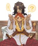  2boys animal_ears braid brown_eyes brown_hair cheka_kingscholar child commentary_request con_potata dark-skinned_male dark_skin green_eyes leona_kingscholar lion_boy lion_ears lion_tail male_focus multiple_boys on_bed orange_hair pillow scar scar_across_eye scar_on_face simple_background sitting sitting_on_lap sitting_on_person tail twin_braids twisted_wonderland uncle_and_nephew white_background 