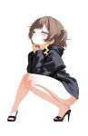  1girl anya_melfissa black_hoodie blonde_streaks brown_hair closed_mouth high_heels highres hololive hololive_indonesia hood hoodie light_smile looking_at_viewer multicolored_hair purple_eyes sansha_art solo squatting streaked_hair virtual_youtuber 