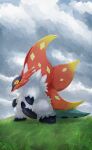  1other absurdres cloud cloudy_sky commentary_request ewokakukaede from_side full_body highres insect_wings looking_to_the_side moth_wings no_humans overcast pokemon pokemon_(creature) pokemon_scarlet_and_violet signature sky slither_wing standing wings 