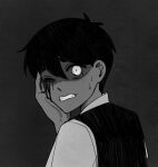  1boy antenna_hair blood blood_on_face clenched_teeth collared_shirt commentary double-parted_bangs english_commentary greyscale hair_between_eyes highres krerue looking_at_viewer male_focus monochrome omori one_eye_closed open_mouth shirt short_hair short_sleeves simple_background solo spoilers sunny_(omori) sweat sweater_vest tearing_up teeth 