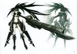  1girl absurdres barcode barcode_tattoo belt black_hair black_jacket black_rock_shooter black_rock_shooter_(character) black_rock_shooter_(game) blue_eyes boots chain highres hood hooded_jacket huke incredibly_absurdres jacket long_hair mechanical_wings official_art open_clothes open_jacket pale_skin production_art rock_cannon scan shorts stella_(black_rock_shooter) tattoo twintails uneven_twintails wings 