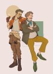 2boys alternate_costume bandaid bandaid_on_arm belly blazer bomber_jacket brown_hair buzz_cut cigarette closed_eyes clothes_around_waist collar commentary commission crossed_arms disco_elysium elbow_on_another's_shoulder elbow_rest english_commentary facial_hair full_body gloves green_jacket grin harry_du_bois highres holding holding_cigarette invisible_chair jacket jacket_around_waist kim_kitsuragi looking_to_the_side male_focus male_pubic_hair midriff multiple_boys mustache orange_gloves orange_jacket pubic_hair round_eyewear shirt shirt_tucked_in short_hair showerwhoops sideburns sitting smile smirk smoke smoke_trail standing t-shirt very_short_hair white_shirt 