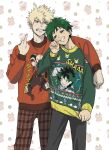  2boys 8yashirazu arm_around_shoulder bakugou_katsuki black_pants blonde_hair boku_no_hero_academia brown_pants character_print christmas christmas_sweater clenched_teeth commentary_request cowboy_shot freckles green_eyes green_hair green_sweater grin highres male_focus middle_finger midoriya_izuku multiple_boys pants plaid_clothes plaid_pants red_eyes red_sweater smile sweater teeth yaoi 