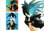  1girl absurdres black_hair black_rock_shooter black_rock_shooter_(character) black_rock_shooter_(game) black_shorts blue_eyes blue_fire fire flaming_eye flat_chest glowing glowing_eyes highres huke incredibly_absurdres long_hair official_art pale_skin production_art scan shorts stella_(black_rock_shooter) sword twintails weapon 