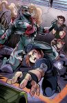  2boys 2girls absurdres beret black_gloves blue_hat blue_pants chris_redfield claws fingerless_gloves gloves hat highres jill_valentine mismatched_arms monster multiple_boys multiple_girls pants ratboy_miki rebecca_chambers resident_evil resident_evil_1 shoulder_pads signature t-002_(resident_evil) tyrant_(resident_evil) 