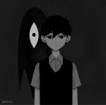 1boy antenna_hair artist_name averting_eyes bright_pupils closed_mouth collared_shirt double-parted_bangs greyscale hair_between_eyes highres krerue male_focus monochrome omori shirt short_hair short_sleeves solo something_(omori) sunny_(omori) sweater_vest upper_body 
