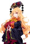  1girl absurdres black_dress black_hat blonde_hair breasts commentary_request crescent_print dress hat highres junko_(touhou) large_breasts long_hair long_sleeves neck_ribbon one_eye_closed own_hands_together raptor7 red_eyes red_tabard ribbon simple_background solo tabard touhou very_long_hair white_background wide_sleeves yellow_ribbon 