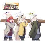 3girls :d ^_^ ahoge baseball_cap beanie black_pantyhose blue_archive brown_hat brown_jacket closed_eyes commentary cropped_legs earmuffs english_commentary green_jacket grey_shorts grey_sweater halo hare_(blue_archive) hare_(camp)_(blue_archive) hat highres hood hood_down hooded_jacket jacket kotama_(blue_archive) kotama_(camp)_(blue_archive) log long_hair maki_(blue_archive) maki_(camp)_(blue_archive) multicolored_sweater multiple_girls open_clothes open_jacket open_mouth pantyhose ponytail purple_halo red_hair red_halo red_sweater reference_inset ryomi_(ryom1nt) shorts simple_background smile sweater very_long_hair white_background white_hat yellow_halo yellow_jacket 