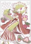  3others berry berry_(pokemon) bob_cut bow cape cherrim cherrim_(sunshine) cherubi clothed_pokemon colored_skin commentary gardevoir green_hair green_skin hair_over_one_eye han0579 highres long_skirt multicolored_skin multiple_others pink_eyes pokemon pokemon_(creature) red_cape skirt striped_clothes striped_skirt two-tone_skin untranslatable_commentary white_skin 
