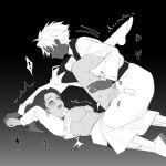  1boy 1girl bleach bleach:_sennen_kessen-hen bottomless breasts clothes_lift coat commentary dark-skinned_male dark_skin english_commentary heart hetero highres hitsugaya_toushirou kurosaki_karin mating_press medium_breasts nipples one_eye_closed ponytail sex shirt_lift silegesi socks sweat torn_clothes torn_sleeves trembling wandenreich_uniform zombie_(bleach) 