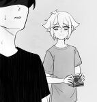  2boys alternate_costume antenna_hair bags_under_eyes basil_(faraway)_(omori) basil_(omori) camera closed_mouth collarbone commentary double-parted_bangs english_commentary greyscale hair_between_eyes highres holding holding_camera krerue looking_at_another male_focus monochrome multiple_boys no_eyes omori open_mouth shaded_face shirt short_hair short_sleeves simple_background spoilers sunny_(omori) sweat t-shirt tearing_up 