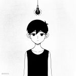  1boy antenna_hair artist_name closed_mouth collarbone double-parted_bangs expressionless greyscale hair_between_eyes highres krerue light_bulb looking_at_viewer male_focus monochrome omori omori_(omori) short_hair simple_background solo tank_top upper_body 