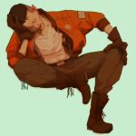  1boy belt bomber_jacket boots disco_elysium elbow_on_knee facial_hair figure_four_sitting full_body hand_on_own_head hand_on_own_knee highres invisible_chair jacket kim_kitsuragi looking_to_the_side male_focus mustache no_eyewear orange_jacket shirt shirt_tucked_in sitting solo t-shirt white_shirt yan-may-fire 
