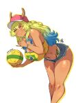  1girl ball baseball_cap bikini bikini_bottom_under_shorts bikini_under_clothes blue_hair blue_nails blue_shorts brazilian_flag brazilian_flag_print breasts closed_mouth crop_top cutoffs denim denim_shorts dragon_girl dragon_horns exposed_pocket flag_print gradient_hair green_eyes green_hair hat horns huge_breasts jk_arts kobayashi-san_chi_no_maidragon lucoa_(maidragon) micro_shorts multicolored_hair navel one_eye_closed pink_hat shorts simple_background smile soccer_ball solo swimsuit tan tanlines white_background yellow_eyes 