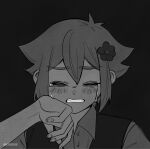  1boy antenna_hair artist_name basil_(faraway)_(omori) basil_(omori) clenched_teeth closed_eyes collared_shirt crying double-parted_bangs flower greyscale hair_between_eyes hair_flower hair_ornament highres krerue male_focus monochrome omori open_mouth shirt short_hair short_sleeves sidelocks simple_background solo sweater_vest teeth 
