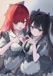  2girls :d akane_lize apron black_necktie black_skirt blue_bow blue_eyes bow closed_mouth commentary cowboy_shot double-parted_bangs grey_eyes hair_bow hair_ornament hand_up heart heart_hair_ornament heart_hands heart_hands_duo high-waist_skirt highres long_hair looking_at_viewer matching_outfits multicolored_hair multiple_girls nari_(nctr0o) necktie open_mouth red_hair shirayuki_hina shirt short_sleeves sketch skirt smile stellive straight_hair streaked_hair two_side_up virtual_youtuber waist_apron white_apron white_shirt 