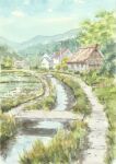  blue_sky building canal commentary_request highres mountainous_horizon no_humans original painting_(medium) paruperu path power_lines rural scenery sky traditional_media tree utility_pole watercolor_(medium) 