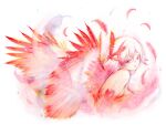  1girl commentary_request completely_nude feathered_wings feathers fu_hua fu_hua_(phoenix) highres honkai_(series) honkai_impact_3rd long_hair looking_at_viewer mon_momu nude painting_(medium) ponytail red_eyes solo traditional_media watercolor_(medium) white_background white_hair wings 