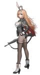  1girl absurdres animal_ears assault_rifle black_cloak black_gloves black_leotard black_pantyhose black_thighhighs blonde_hair blue_eyes boots breasts cheogtanbyeong cloak commentary_request fake_animal_ears floating_hair from_side full_body girls'_frontline gloves gun highres holding holding_gun holding_weapon korean_commentary lace-trimmed_thighhighs lace_trim large_breasts leotard long_hair long_sleeves looking_at_viewer looking_to_the_side open_mouth pantyhose playboy_bunny rabbit_ears rifle simple_background solo standing stg-940_(girls'_frontline) thighhighs thighhighs_over_pantyhose twitter_username two-sided_cloak two-sided_fabric weapon white_background white_boots wieger_stg-940 
