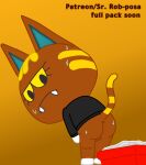 animal_crossing anthro anus black_clothing black_jacket black_topwear bodily_fluids butt clothing english_text eyelashes fangs felid feline female genitals hi_res jacket katt_(animal_crossing) litter_box looking_back mammal nintendo poop_desperation rob-posa solo sweat teeth text topwear vulva white_paws worried_look