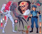 1girl beret biohazard_symbol black_gloves blank_eyes blue_hat blue_pants blue_shirt brown_hair claws dog fingerless_gloves gloves grey_background gun handgun hat highres holding holding_gun holding_key holding_weapon jill_valentine key mismatched_arms monster mostlyghostly pants plant potted_plant resident_evil resident_evil_1 revolver shirt shotgun shoulder_pads smile t-002_(resident_evil) tyrant_(resident_evil) weapon zombie 