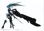  1girl absurdres black_hair black_rock_shooter black_rock_shooter_(character) black_rock_shooter_(game) blue_eyes blue_fire boots fire flaming_eye highres huke incredibly_absurdres long_hair mechanical_wings official_art pale_skin production_art rock_cannon scan shorts solo stella_(black_rock_shooter) twintails uneven_twintails white_background wings 