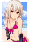  1girl 352672 asymmetrical_gloves bangs bare_shoulders beach bikini black_gloves blue_sky blush breasts collarbone fate/grand_order fate_(series) fingerless_gloves gloves grin illyasviel_von_einzbern illyasviel_von_einzbern_(swimsuit_archer)_(fate) long_hair looking_at_viewer navel ocean pink_bikini red_eyes shore sky small_breasts smile swimsuit white_hair 