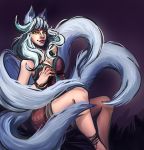  animal_humanoid bare_hands barefoot breasts canid canid_humanoid canine canine_humanoid clothed clothing female fennefox fluffy fox_humanoid fur grey_body grey_fur hair hi_res humanoid long_tail mammal mammal_humanoid multi_tail silver_hair simple_background sitting solo yellow_eyes 