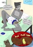  absurd_res ahcocqui anthro comic diaper english_text feces hi_res humanoid infantilism laxative male mammal pooping procyonid raccoon scat soiling solo suppository teddy_bear text wipes 