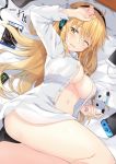  1girl antenna_hair arm_up ass bangs bed_sheet black_panties blonde_hair blush breasts cellphone cleavage commentary_request controller dualshock eyebrows_visible_through_hair from_above game_controller gamepad headphones highres holding holding_controller holding_game_controller komori_kuzuyu large_breasts long_sleeves looking_at_viewer lying monster_energy navel nintendo_switch no_bra on_bed on_side one_eye_closed open_clothes open_shirt original panties phone playstation_controller smartphone solo unbuttoned unbuttoned_shirt underwear yellow_eyes 