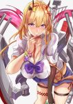  1girl azur_lane blonde_hair blue_skirt bow breasts cleavage eyebrows_visible_through_hair gloves hair_between_eyes highres himuro_shunsuke horns kumano_(azur_lane) large_breasts leaning_forward looking_at_viewer oni_horns pleated_skirt purple_bow rigging shirt short_sleeves simple_background single_glove skindentation skirt solo thigh_strap white_shirt 
