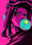  1girl apex_legends bubble_blowing chewing_gum chromatic_aberration facial_mark forehead_mark grey_eyes highres limited_palette looking_at_viewer pink_background pink_theme pokimari portrait rampart_(apex_legends) simple_background solo spot_color 