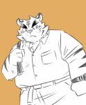  2020 anthro blush bottomwear clothing felid hi_res kemono male mammal mind_drive mizuse_higomaru pantherine pants shirt simple_background slightly_chubby solo tiger topwear 