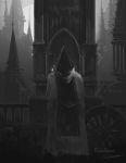  1boy alfred_(bloodborne) bloodborne building cloak commentary copyright_name from_behind grey_cloak helmet highres hood hood_down logarius_wheel male_focus monochrome outdoors railing scenery signature solo standing statue tripdancer weapon wheel 