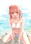  1girl :d bangs bare_arms bare_legs bare_shoulders barefoot between_legs bikini blush breasts brown_eyes cleavage collarbone commentary_request day eyebrows_visible_through_hair hair_bun hand_between_legs highres large_breasts light_rays looking_at_viewer meri-san navel open_mouth outdoors pink_hair shallow_water short_hair side_bun sitting smile solo stomach sunbeam sunlight swimsuit wariza water white_bikini yahari_ore_no_seishun_lovecome_wa_machigatteiru. yuigahama_yui 