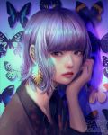  1girl bangs blunt_bangs bright_pupils bug butterfly closed_mouth ear_piercing earrings hand_up highres insect jewelry lipstick looking_at_viewer makeup medium_hair original piercing purple_eyes purple_hair purple_theme red_lips red_lipstick solo upper_body wataboku white_pupils 